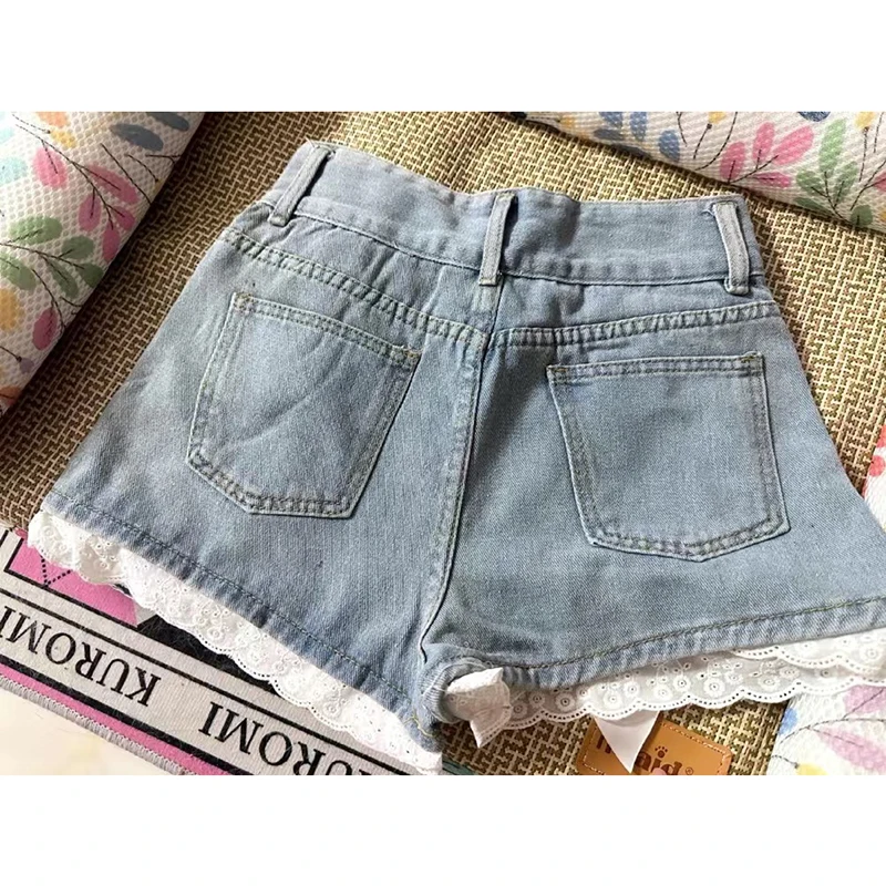 Girly Denim Shorts 2023 Summer New Lace-trimmed Bow Decoration Loose A-line Jeans Shorts Japanese Style Thin Pants Summer Attire