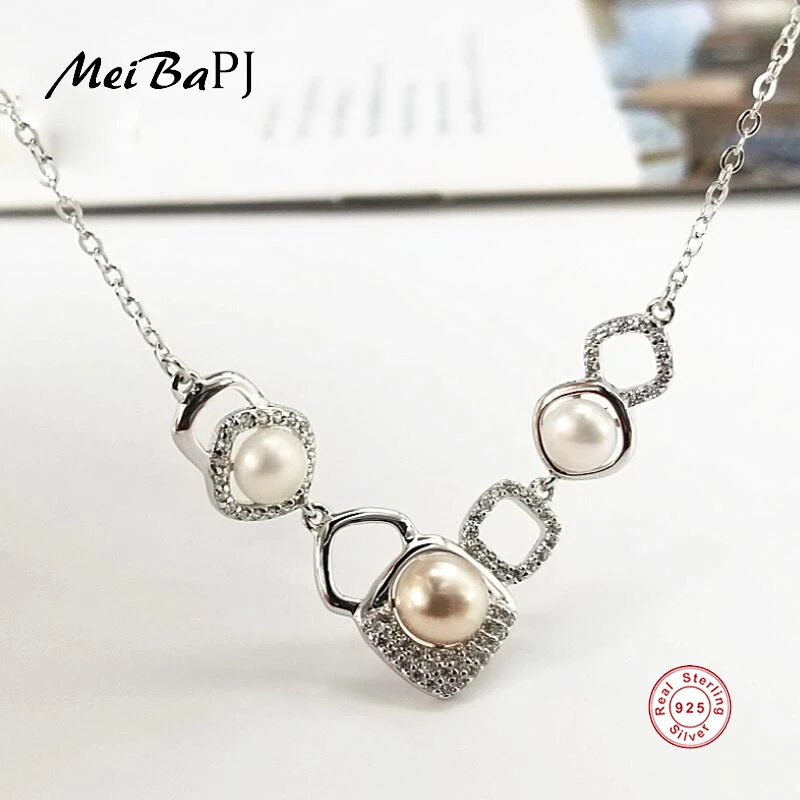 

[MeiBaPJ] Fashion Real Natural Pearl Geometry Pendant Necklace 925 Sterling Silver Pendant Necklace Party Jewelry for Women