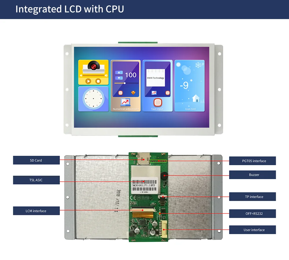 Фото 2026 DWIN 7-дюймовый сенсорный HMI-дисплей 800*480, 16,7 млн цветов, умный ЖК-модуль с UART-интерфейсом DMG80480L070_01WTR №3