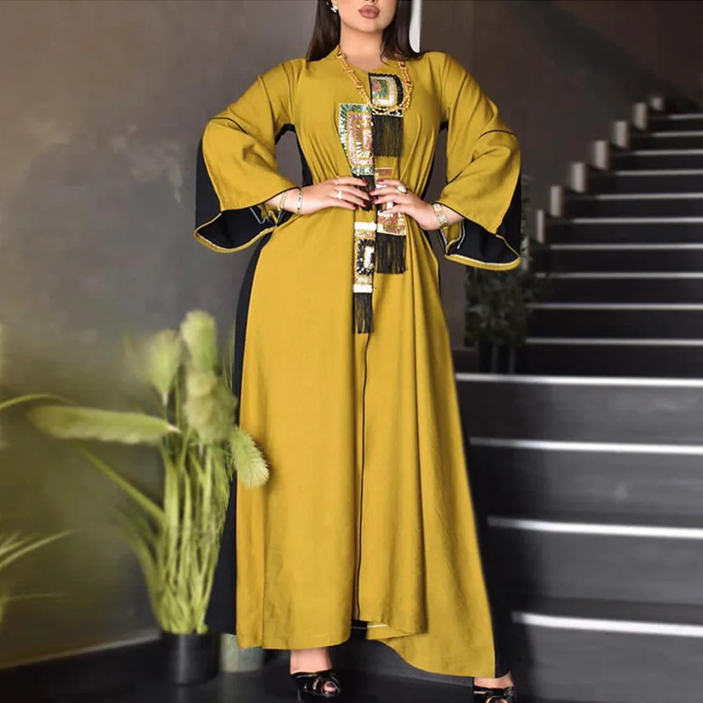 Muslim Fashion Abaya Dress Female Caftan Long Sleeve Kaftan Moroccan Dubai Gown Arabian Jalabiya for Women