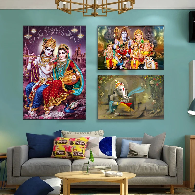 Индийская Shiva Parvati Ganesha Художественная Картина на холсте религиозный индуийский