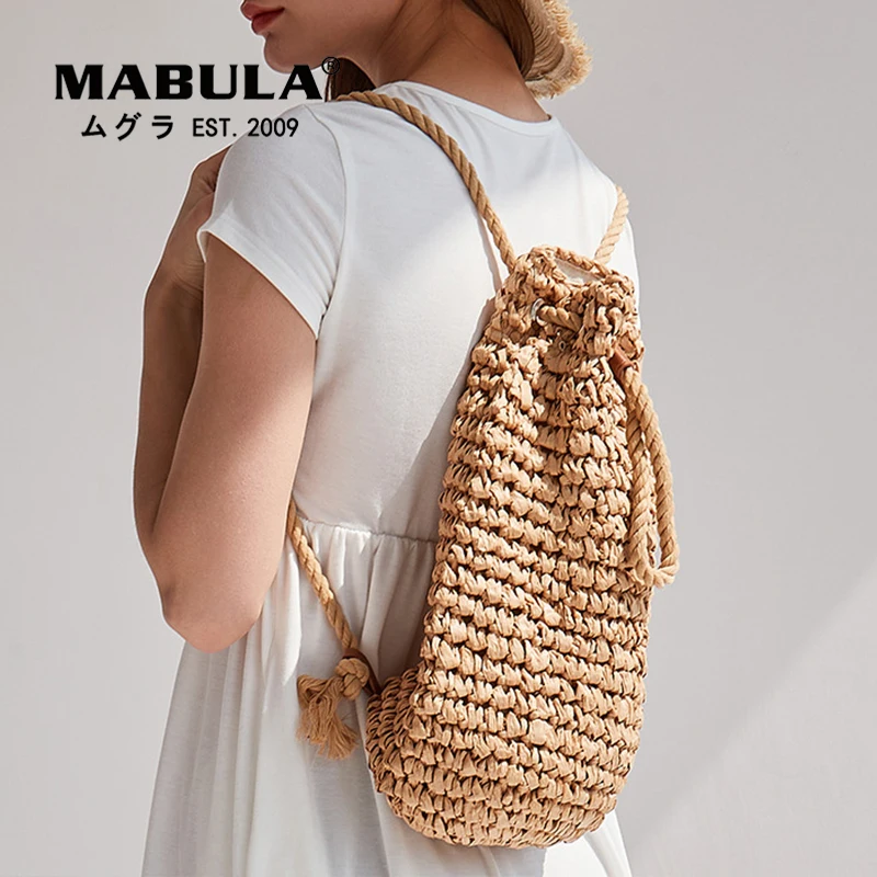 

MABULA Straw Woven Summer Beach Bags Women Casual Vacation Backpack Knitting Hollow Shoulder Bag Eco Friendly Handwoven Handbag