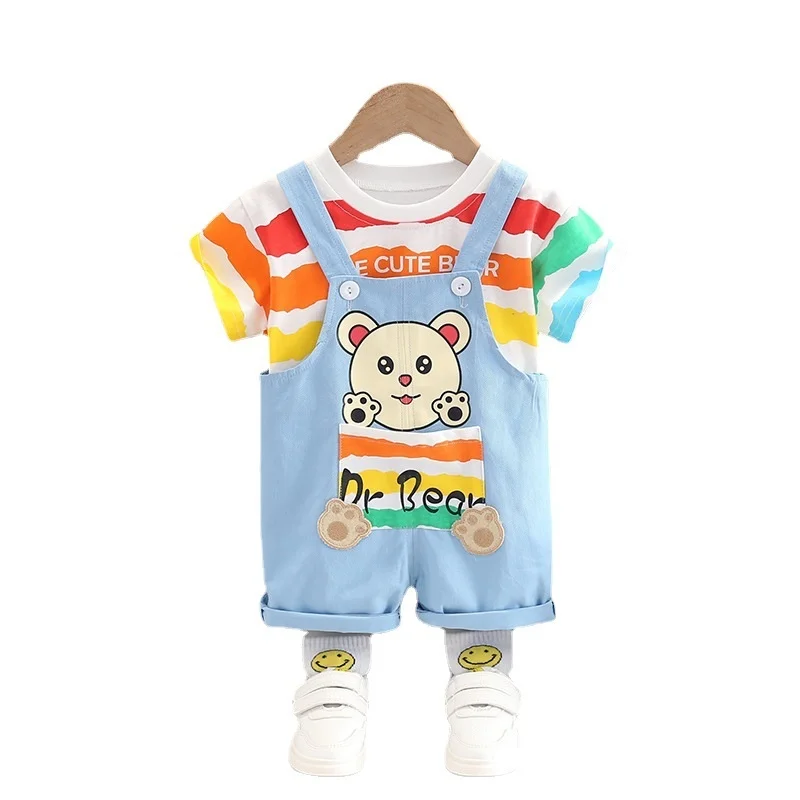 

New Summer Baby Girls Clothes Suit Children Boys Striped T-Shirt Overalls 2Pcs/Set Toddler Casual Costume Infant Kids Tracksuits