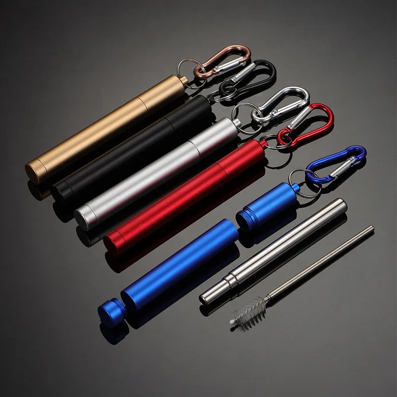 

304 Stainless Steel Telescopic Straw Round Bottom with Climbing Buckle Multi Color Aluminum Shell Set Portable Straw Gift