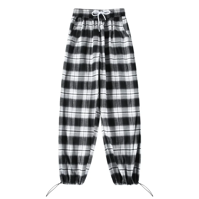 Korean Fashion Black And White Plaid 9-Point Trousers Women'S Loose Summer Thin 2023 New High Waist Slim Straight Casual Pants