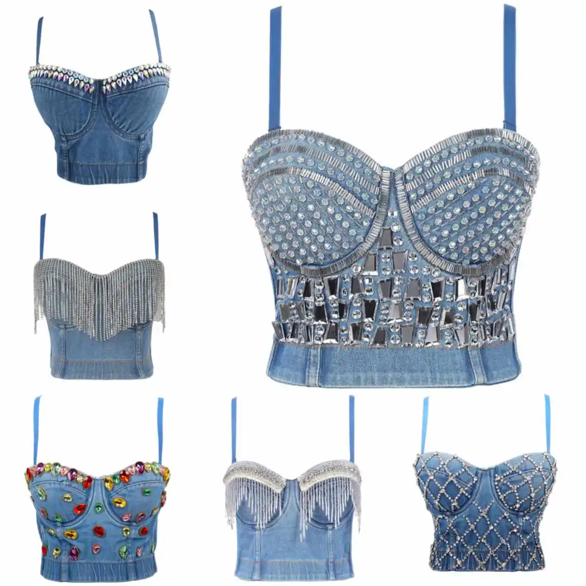 2022 Sexy Denim Rhinestone Corset Camisoles Bustiers Bra Party Club Streetwear Lingerie Look Stage costumes