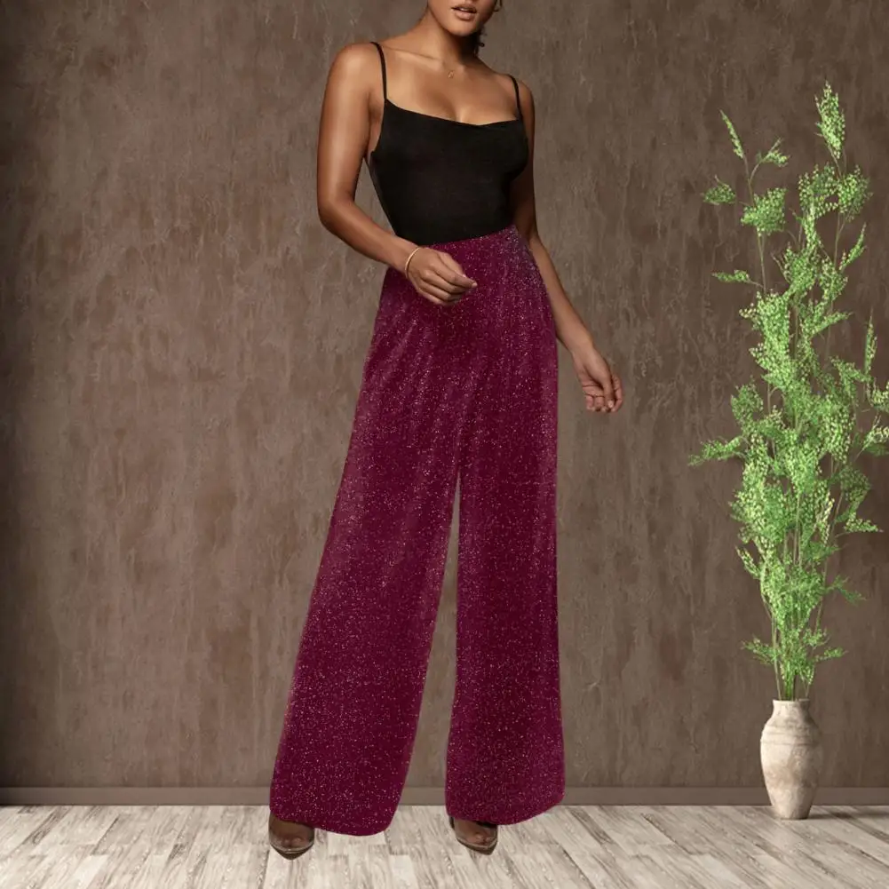 

Woman Pants High Waist Elastic Waistband Straight Long Trousers Fashion Glitter Loose Wide Leg Pants Female Clothing Streetwear
