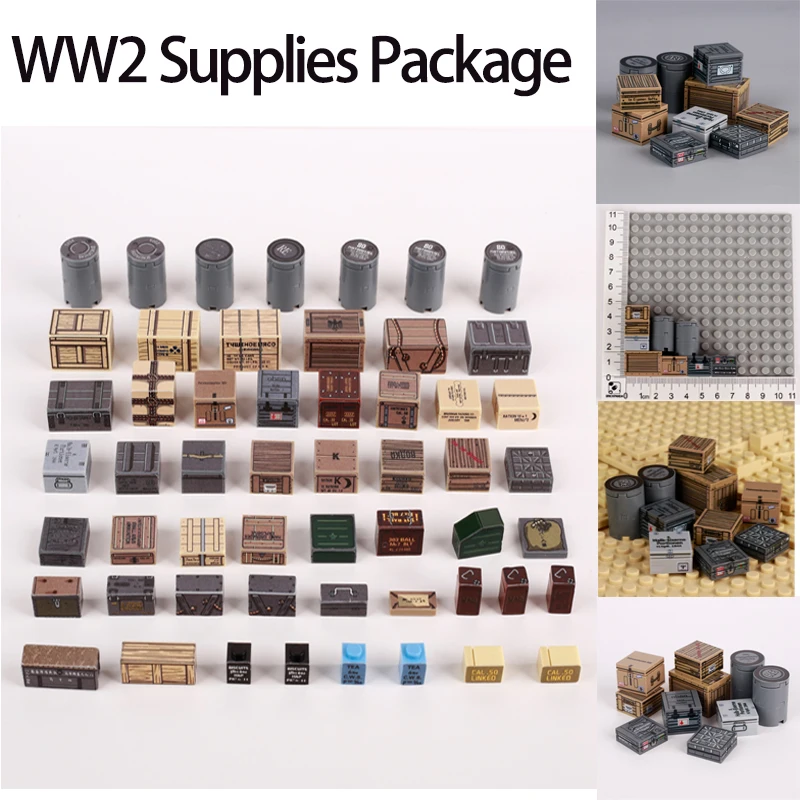 

WW2 US German Military Materiel Kit Sticker Building Blocks Soviet Army Solider Figures Supplies Package Weapons Box Bricks Toy