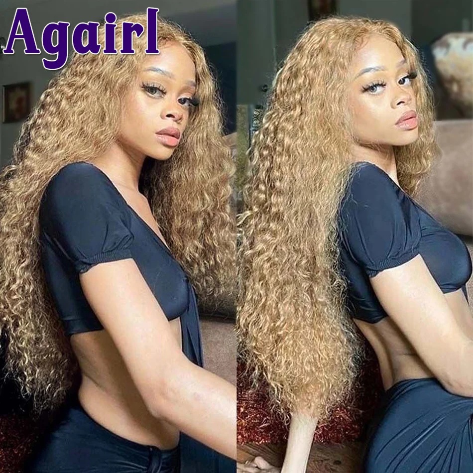 13x4 Honey Blonde Kinky Curly Human Hair Wigs Brazilian Water Wave Lace Front Wig Highlights 4 27 Transparent Lace Frontal Wig