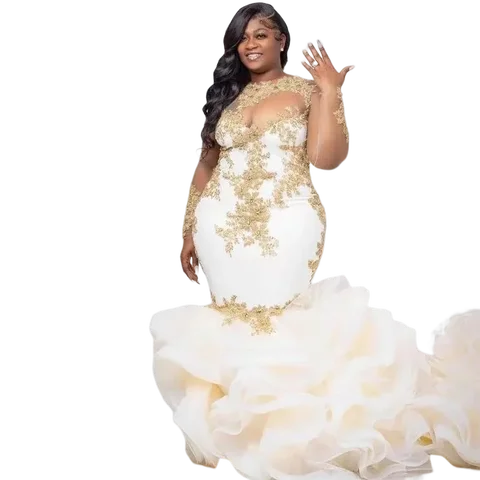 Свадебные платья с высоким воротом и золотыми кружевными аппликациями по индивидуальному заказу, прозрачное свадебное платье с длинными рукавами и многослойными оборками