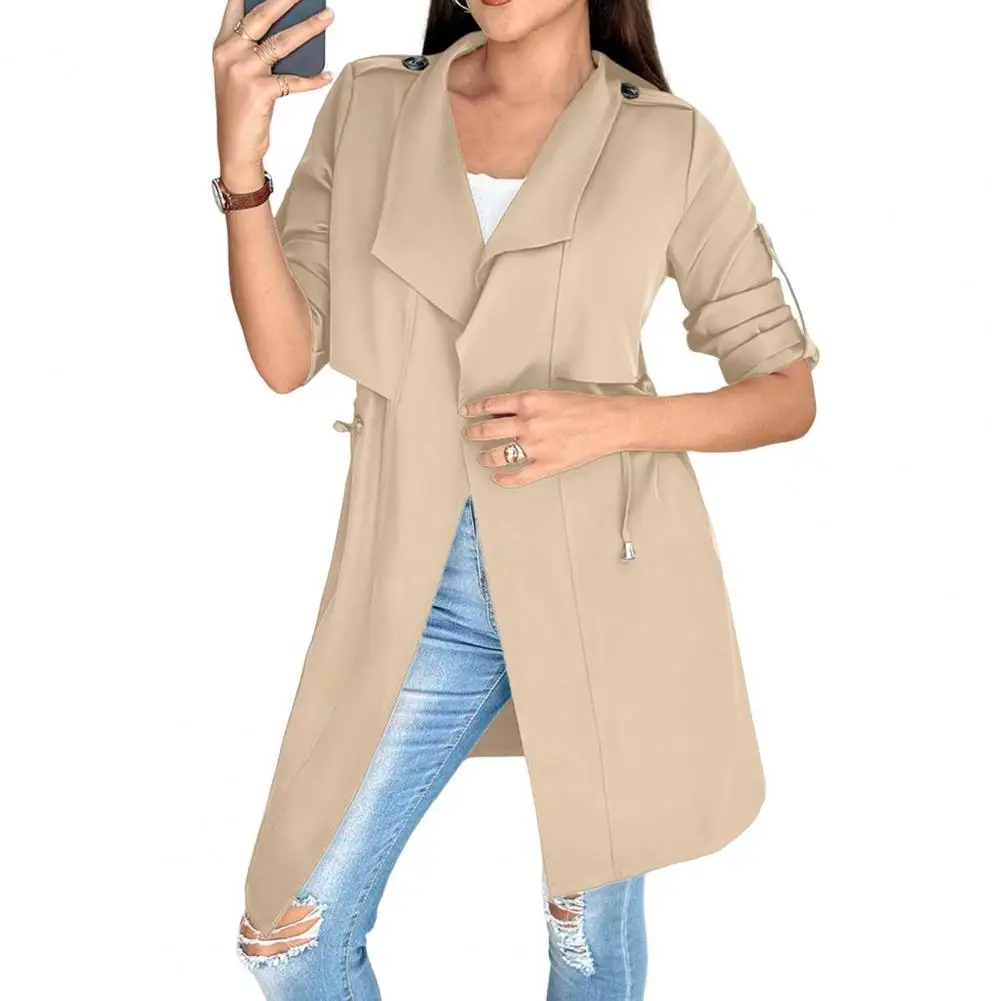 Топы Dames Jas Herfst Winter Casual Effen Turn-Down Kraag Tab Lange Mouw Knoop Trekkoord Beuglijn Тренч