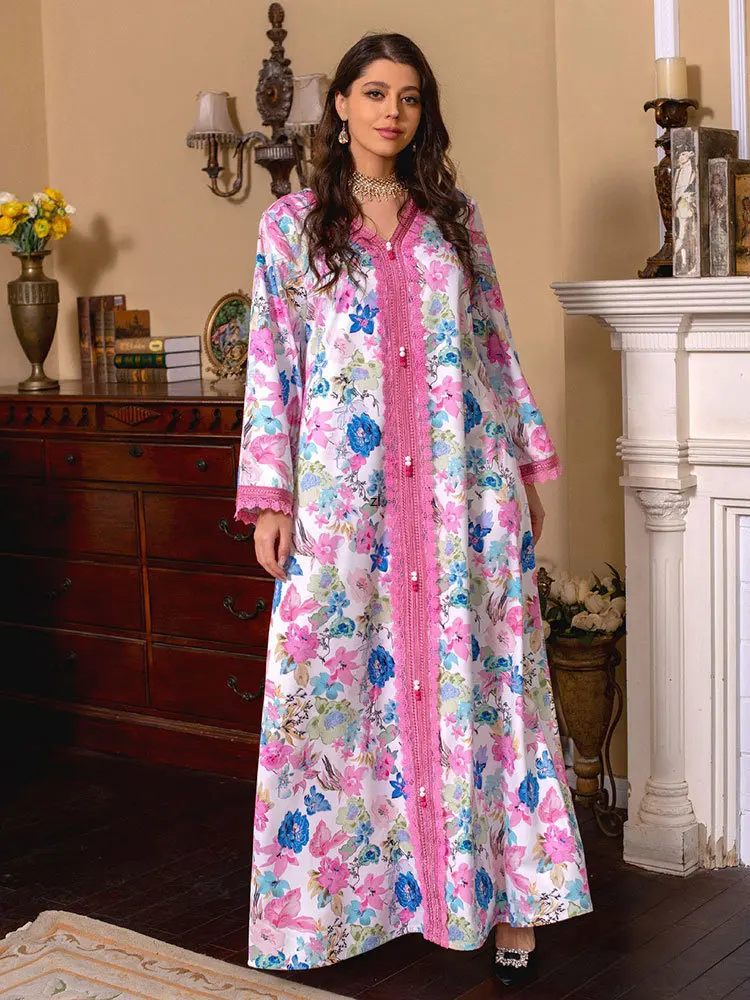 Muslim Abaya Arabic Long Dress for Women Lace Trimming Floral Print Moroccan Kaftan Islamic Clothing Dubai Gulf Jalabiya Ramadan