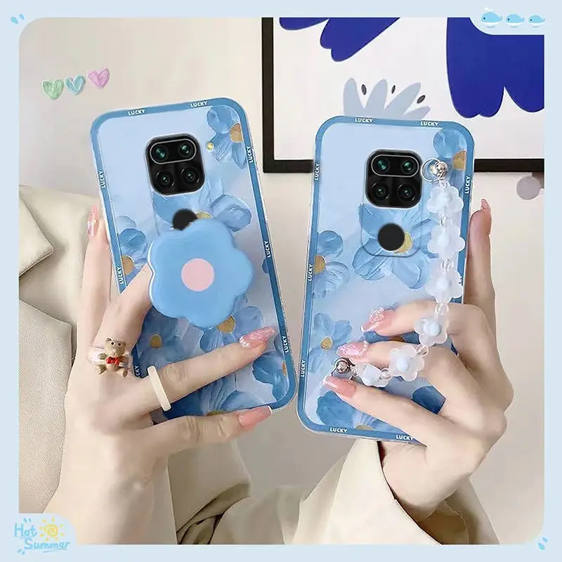 

Suitable For Redmi 10X 4G Phone Case Blue Oil Painting Flower Chain Soft Shell