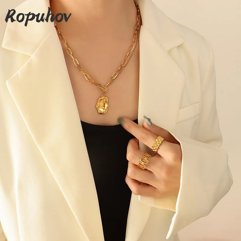 

Ropuhov Woman New Retro Double-layer Metal Titanium Steel Ot Buckle Irregular Pendant Necklace Clavicle Chain Steel