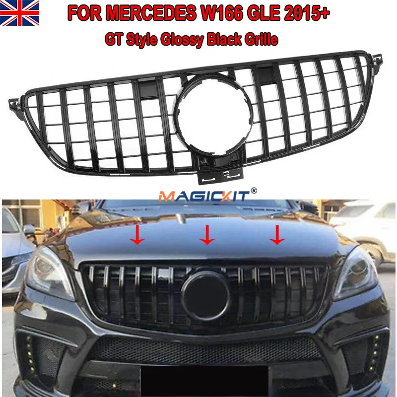 MagicKit Front Grille Grill for Mercedes Benz W166 GLE Coupe SUV 15-18 GT R Gloss Black Front Bumper Grille