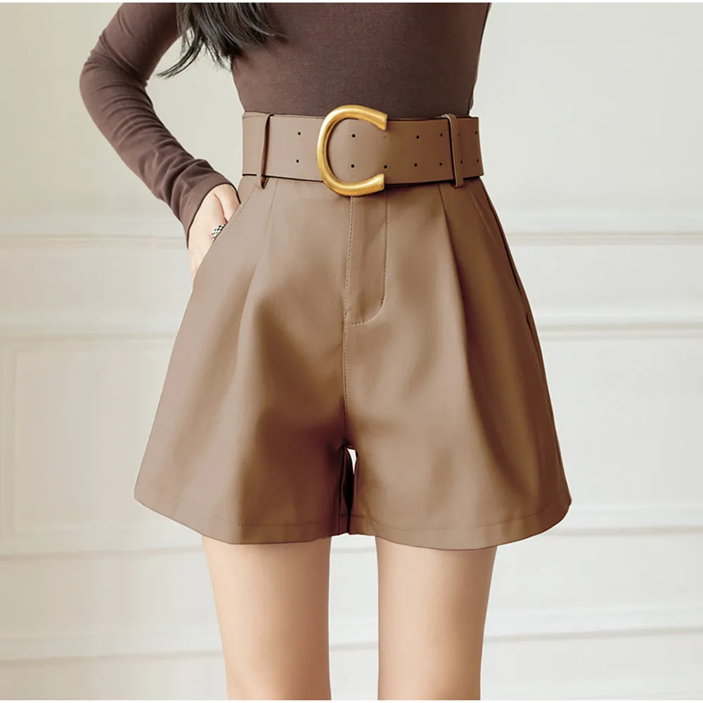 

Зеленые женские шорты из искусственной кожи с поясом, новинка 2023, стильные элегантные женские шорты с карманами, Осень-зима