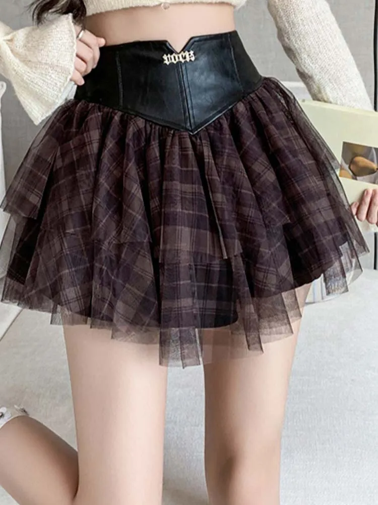 

Casual Half Skirt Mesh Plaid Patchwork High Waisted Pleated Mini Skirt 2023 Autumn New Fashionable Women'S Clothing