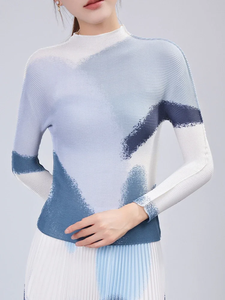 Женский плиссированный комплект EGRM осень 2024 топ с круглым вырезом и длинным