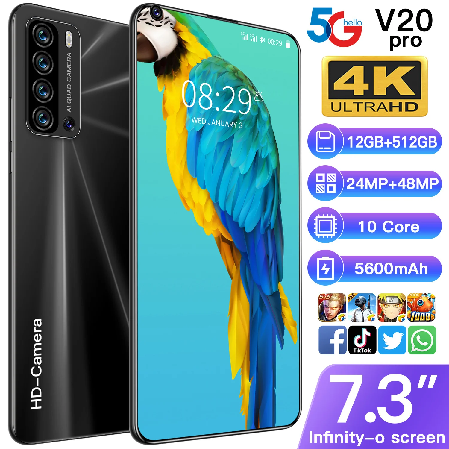 

Смартфон V20 Pro, 10 ядер, 7,3 дюйма, 12 + 512 ГБ, 24 + 48 МП