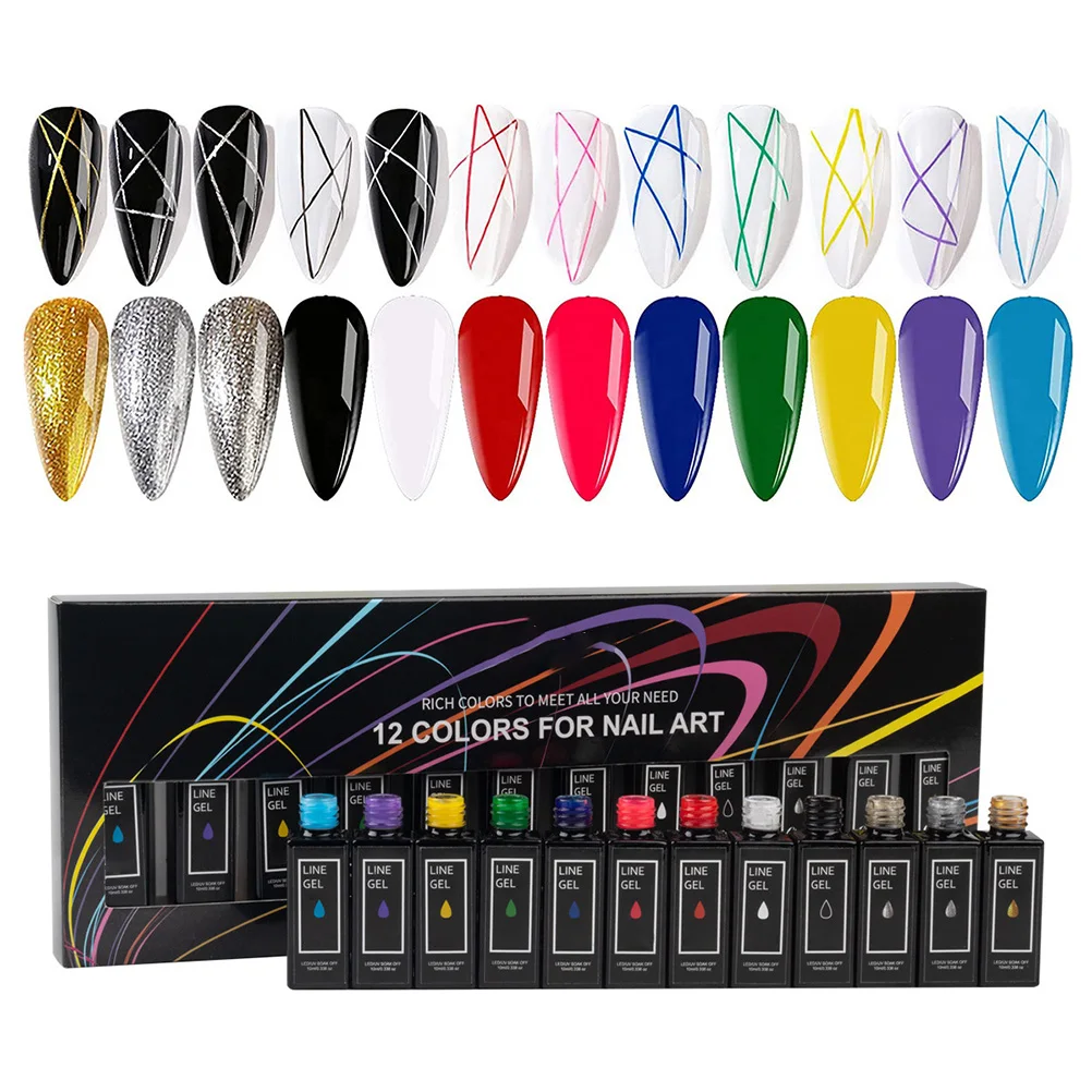 

"12 Color French Nail Line Polish Gel Kit for UV & Acrylic Nail Art - Drawing & Painting, Glue Included"