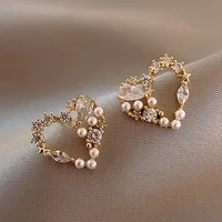korean simple imitation pearl love heart earrings for women trend elegant shiny zircon heart stud earrings wedding jewelry gifts