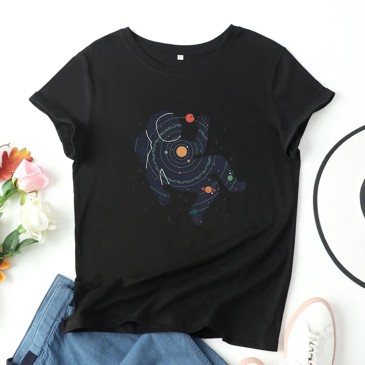 

Женская хлопковая блузка с принтом, модная черная футболка с круглым вырезом и короткими рукавами, 2021