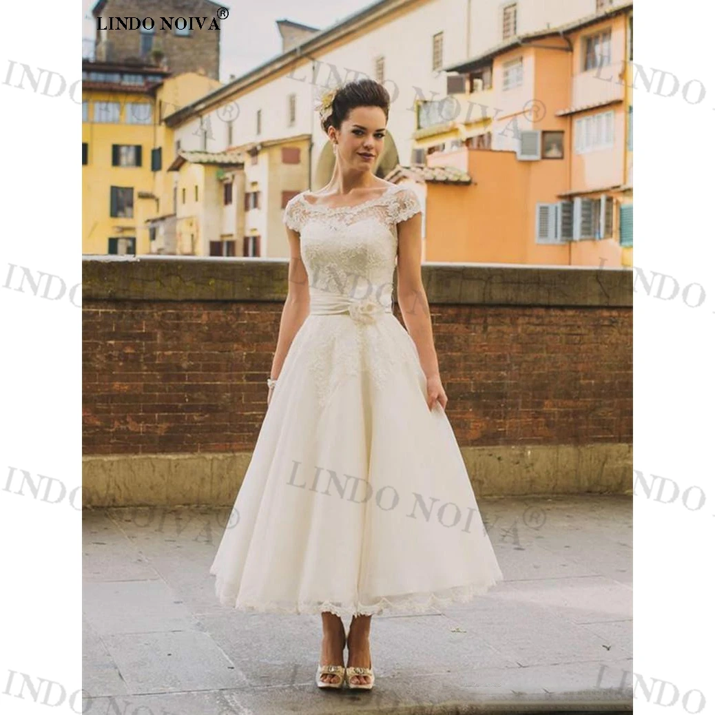 

LINDO NOIVA 2023 высококачественное винтажное свадебное платье длиной до щиколотки с рукавами-крылышками украшение на шею Цветочный Пояс кружевное короткое свадебное платье