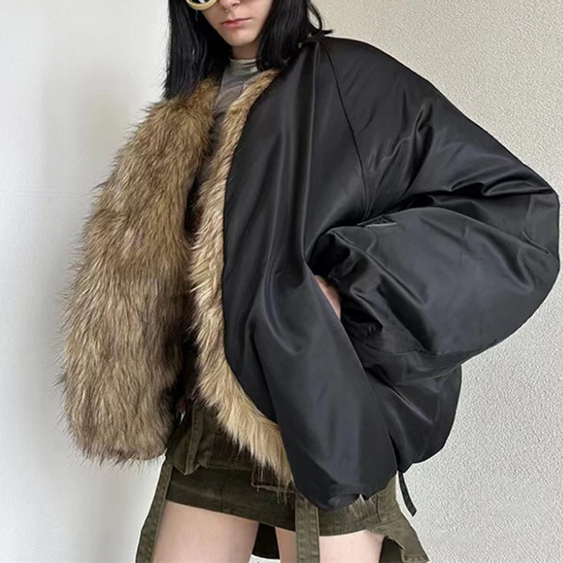 

Goth Dark Cyber Gothic Y2k Punk Faux Fur Padded Jackets Loose Grunge Streetwear Winter Down Jacket Women Fashion Black 90s Coats
