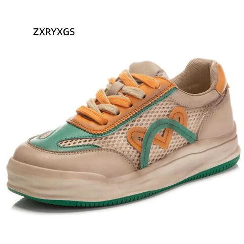 

Женские кроссовки из воловьей кожи, сетчатые сандалии на плоской толстой подошве, весенне-летний сезон, 2022