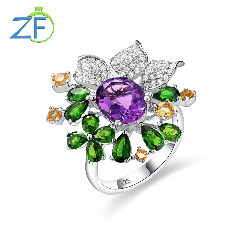 GZ ZONGFA Genuine 925 Sterling Silve Flower Rings for Women Natural Amethyst Citrine Chrome Diopside Gems Trendy Fine Jewelry