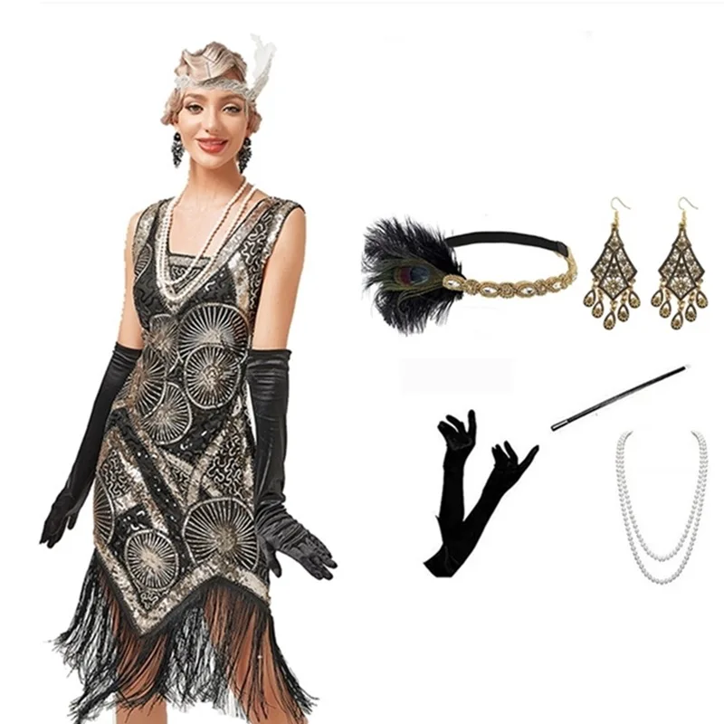 

In 2023 Adult Line 1920 s Manual Nail Bead Sequins V-neck Tassel Dress Skirt