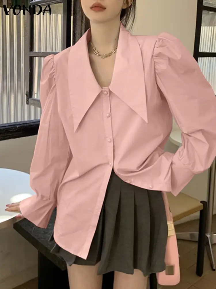 

VONDA Women Elegant Shirts Autumn Long Puff Sleeve Office Blouses 2023 Fashion Lapel Casual Solid Color Tunic Tops Blusas