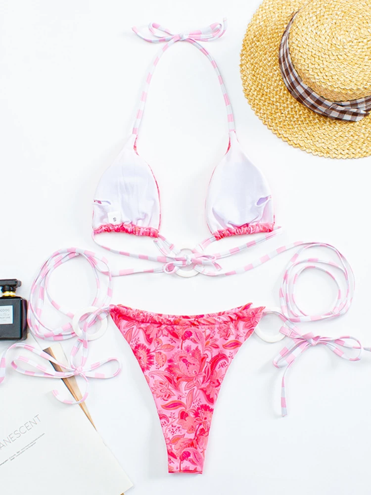 2022 бразильский розовый купальник с принтом треугольный комплект микро-бикини