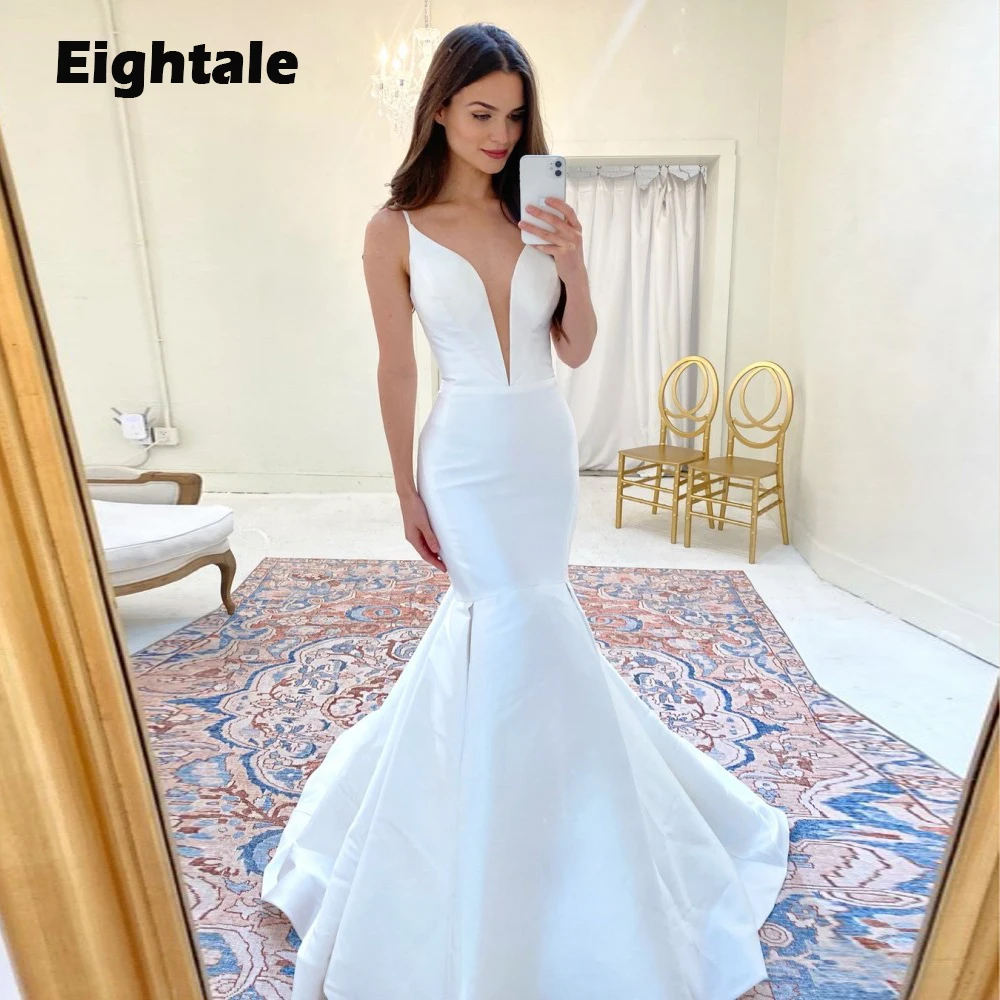 

Eightale Simple Wedding Dresses Mermaid Satin Spaghetti Strap V-Neck Beach White Ivory Court Train Bridal Gowns Vestido De Novia