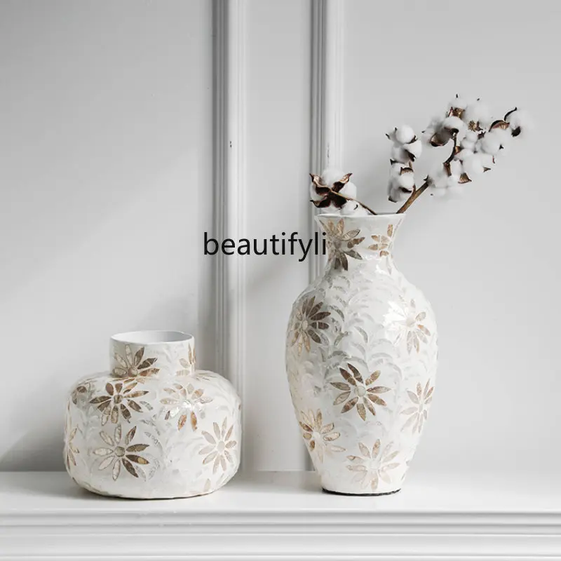 

yj French Cream Style Vintage Shell Vase Desktop Flower Container Home Decorations High-Grade Ornaments
