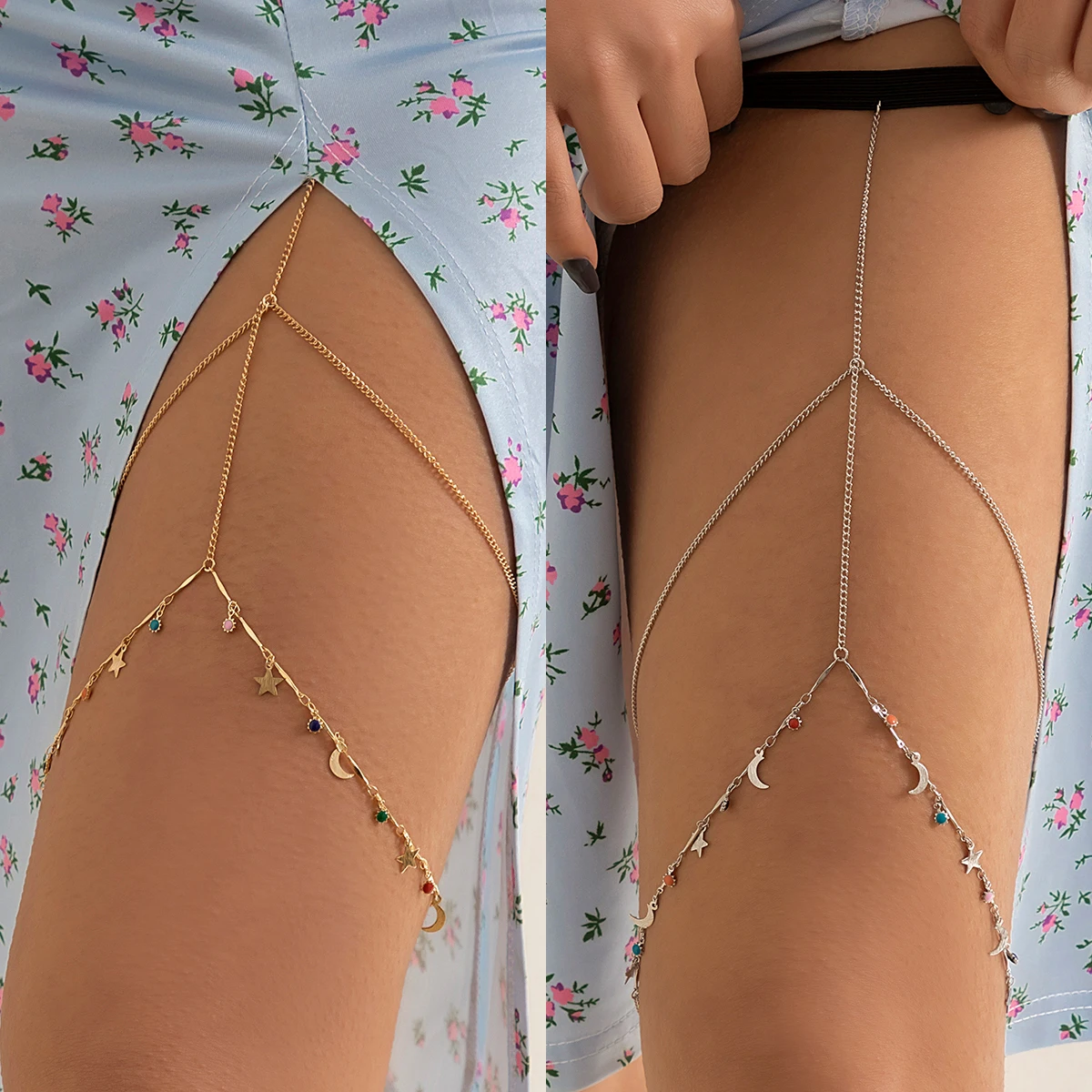 

Lacteo Trendy Gold Color Star Moon Tassel Thigh Chain for Women Girls Enamel Flower Decor Thigh Chain Body Jewelry Fashion Gifts