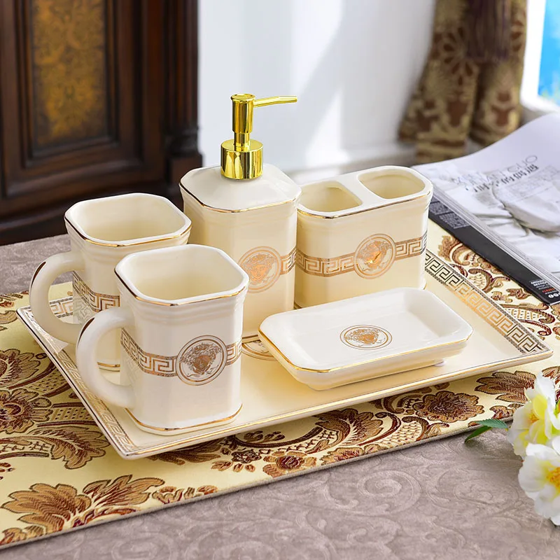 

Bathroom Accessories Set Ceramic Toothbrush Holder Soap Dish Soap Dispenser Mouthwash Cup Dew Containers 5 Pieces Each