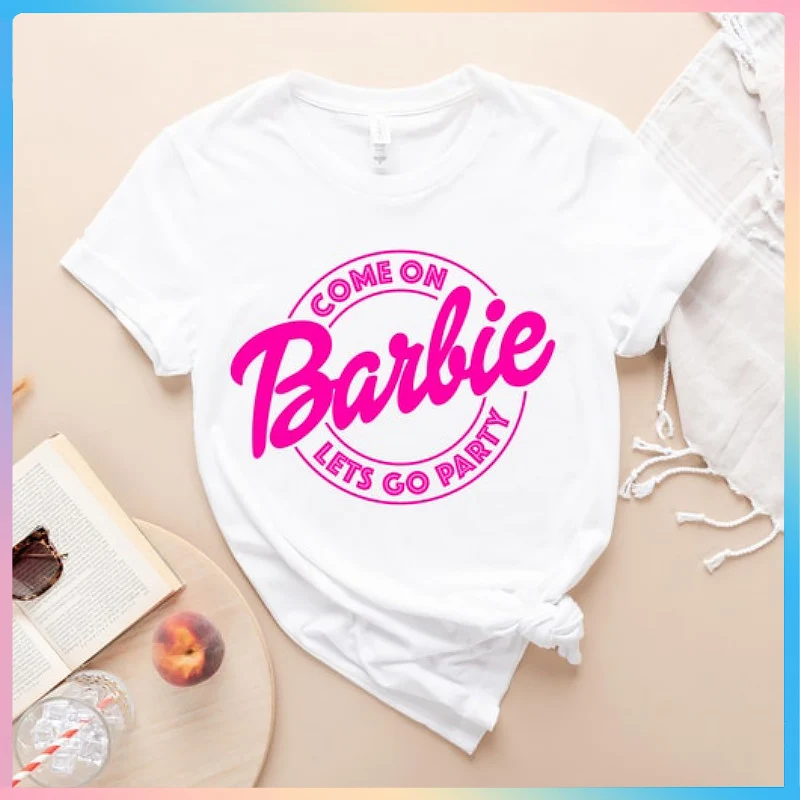

2024 Miniso Барби футболка Kawaii с коротким рукавом топ мультфильмы повседневная одежда Аниме футболки топы уличная Домашняя одежда подарки для девочек