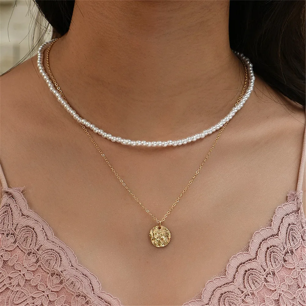 

Fashion Multilevel Artificial Pearl Gold Color Texture Coin Pendant Necklace For Women Boho Vintage Choker Chain Jewelry Gfit