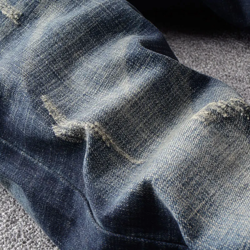 Italian Vintage Fashion Men Jeans Retro Black Blue Stretch Slim Ripped Jeans Men Embroidery Patch Designer Casual Pants Hombre