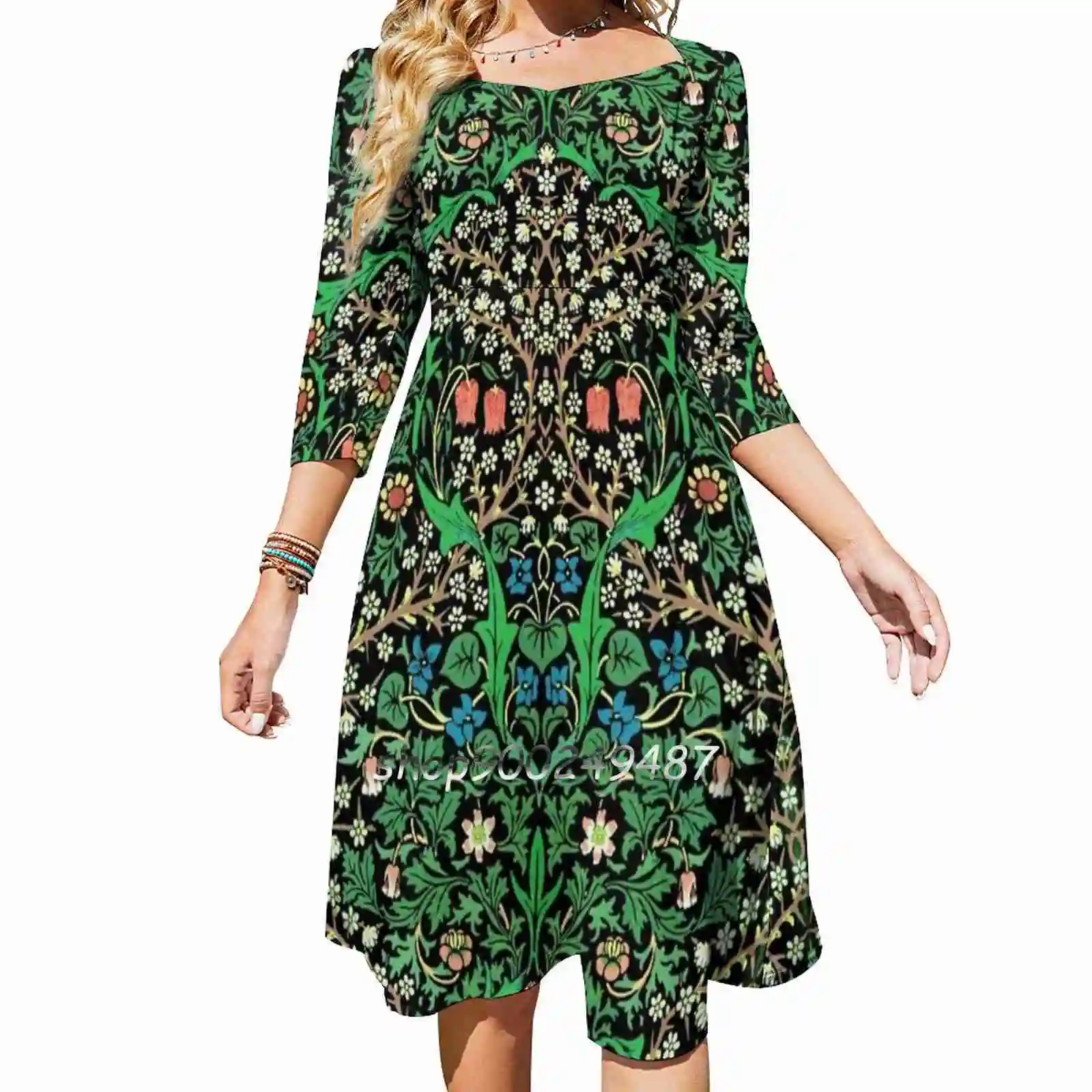

William Morris Jacobean Floral , Black Background Square Neck Dress Sweet Summer Dress Women Elegant Halter Print Dress William