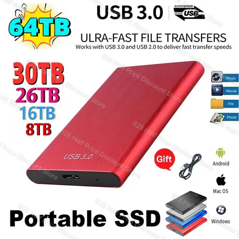 

Portable High-speed 1TB 2TB SSD 8TB 64tb External Hard Drive Mass Storage USB3.2 Interface Storage for Laptops Computer Notebook