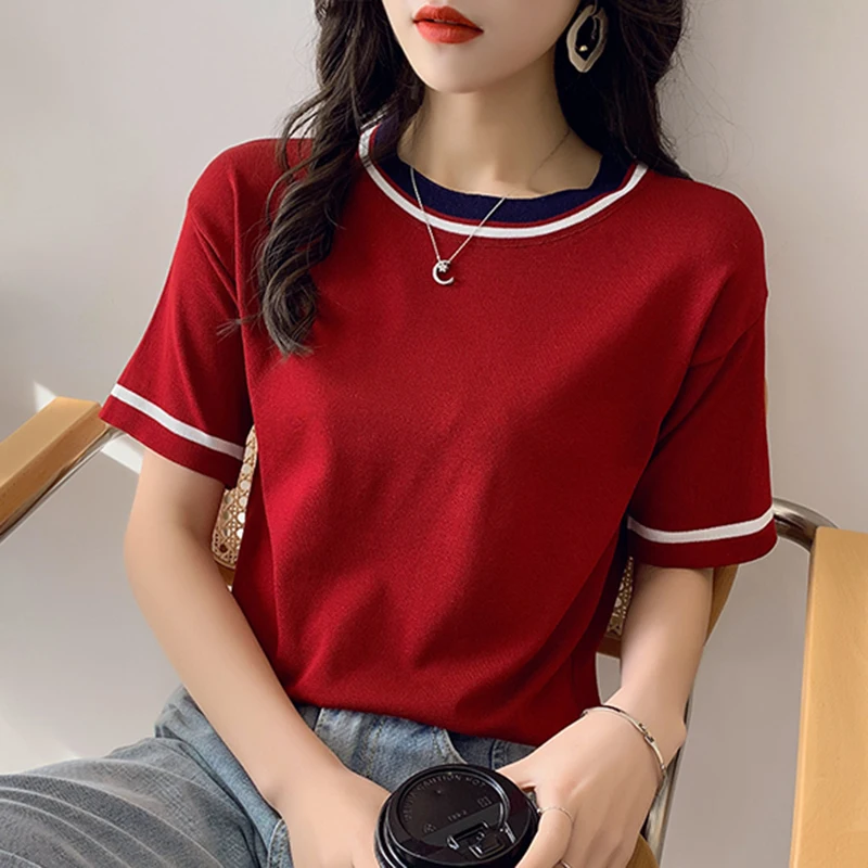 

White Short Sleeve Knitted T Shirt Women Casual Tops O Neck T Shirts Female 2022 Summer Womens Fashion Clothing Camisetas Mujer