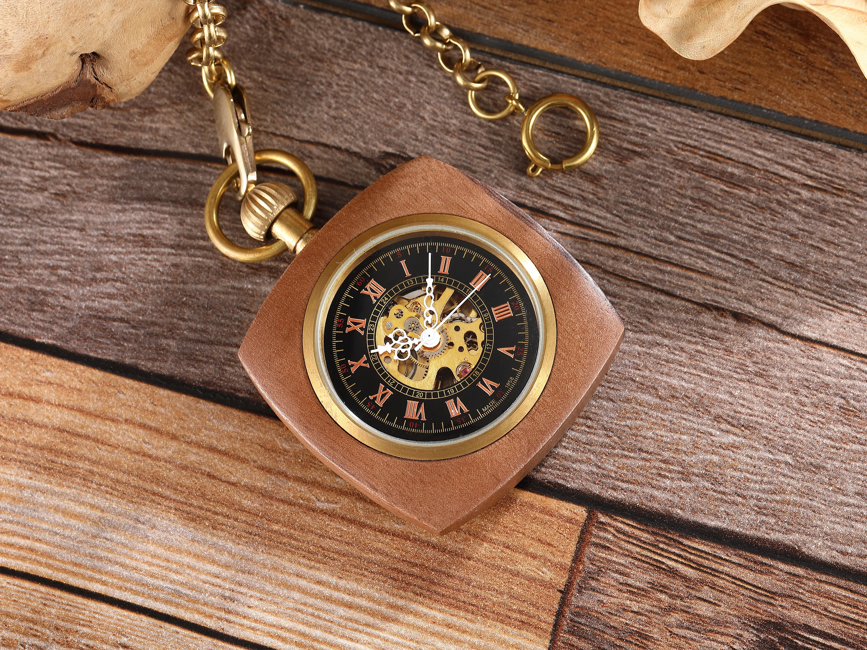 Royal Square Bamboo Mechanical Pocket Watch Special Rome Cover Digital Chain Watch Face Alloy Pendant Necklace Male 2023