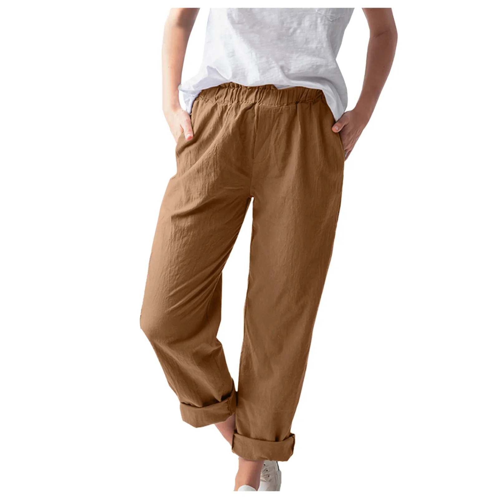 

Cotton Linen Cropped Pants Solid Color Beach Trousers Loose Pantalettes Curl Women's Pants Beachwear Outfits Pantalones 2023