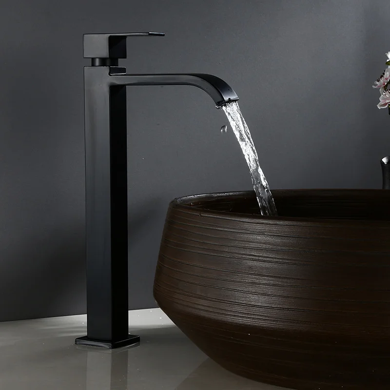 

Bathroom Basin Faucet Stainless Steel Waterfall Tall Sink Vessel Tap Matt Black Single Handle Deck Mount Lavotory Faucets