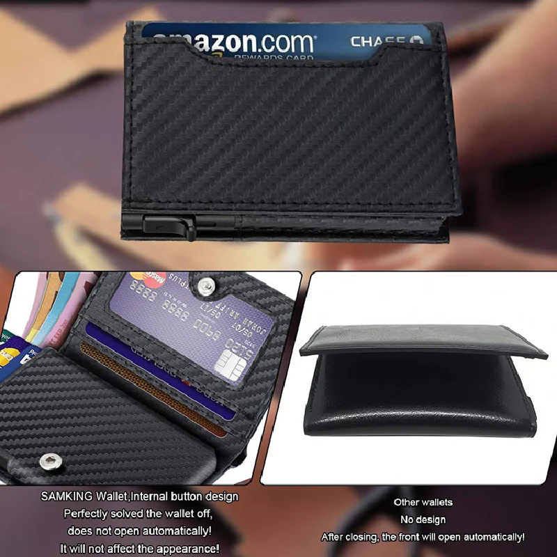 Carbon Fiber Leather Business Metal Aluminum Wallet for Men RFID Blocking Genuine Leather Slim Pop Up Card Holder