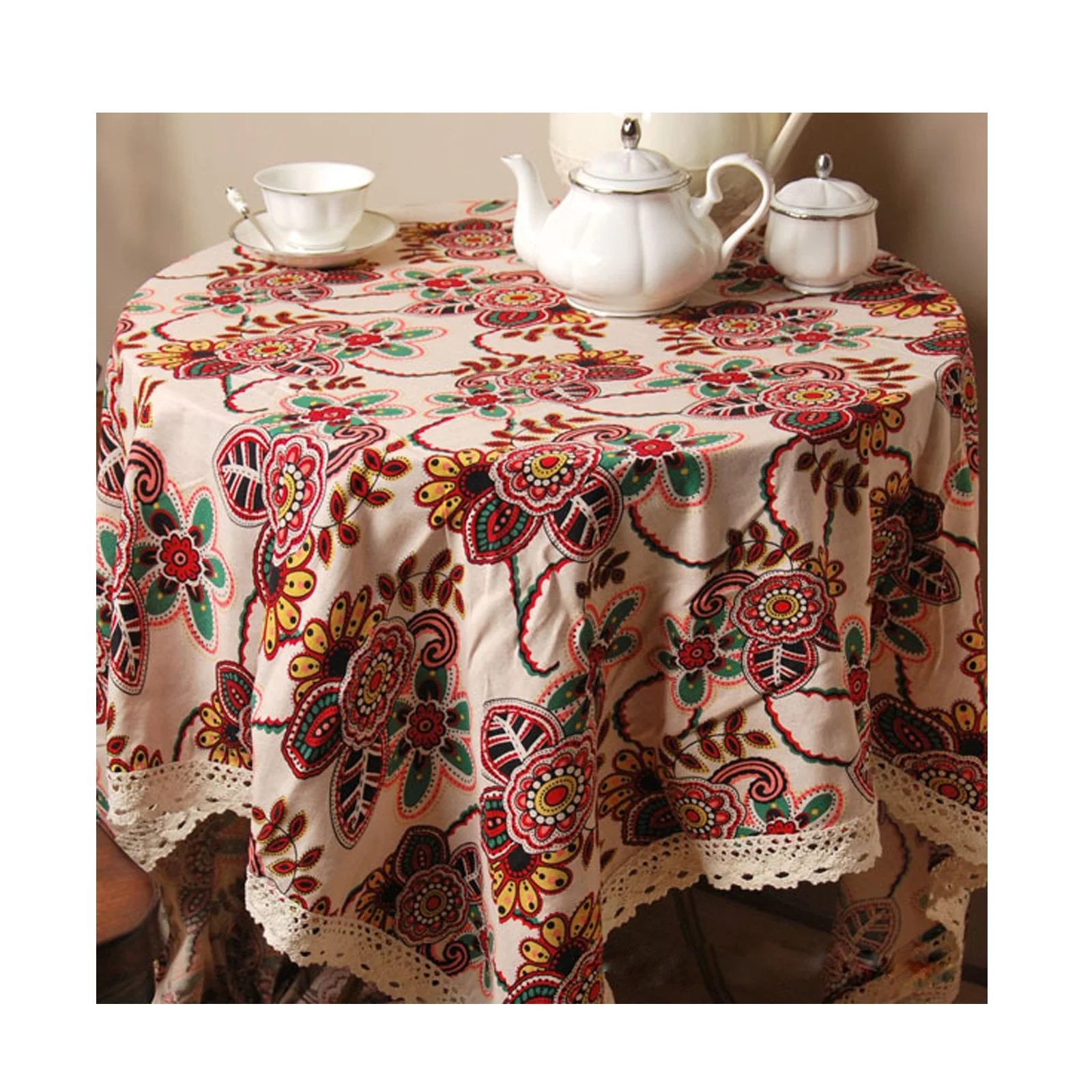 

Dining Table Cloth Non Slip Cotton Linen Vingtage Pattern With Lace Printed Green Red Beige Indoor Kitchen Decor