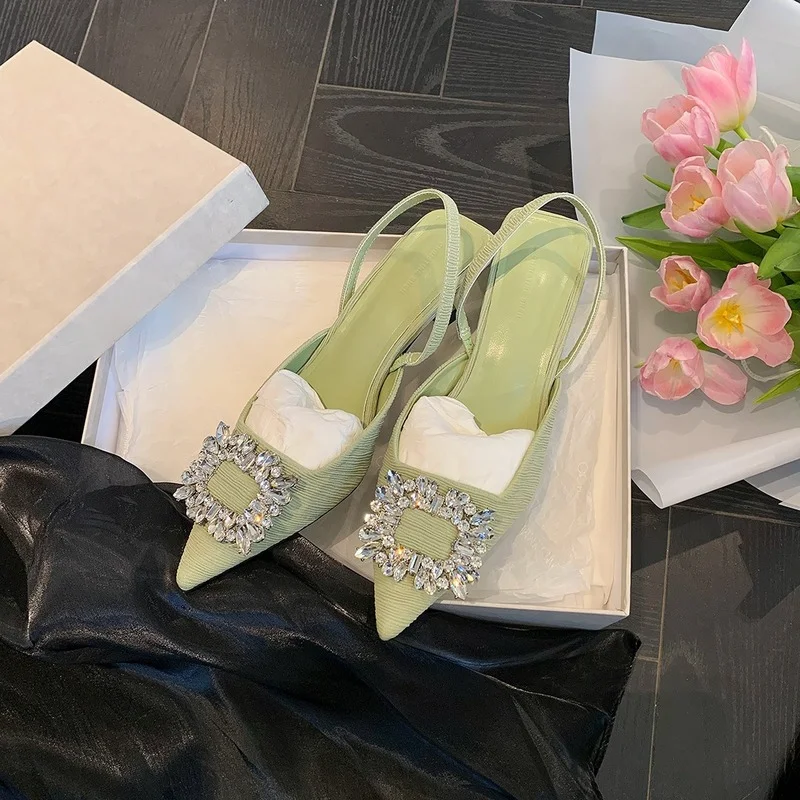 Spring Summer Ladies Pumps Rhinestone Square Buckle Pointed Toe Shallow High Heel Sandals Sexy Women's Party Wedding Shoes 2022