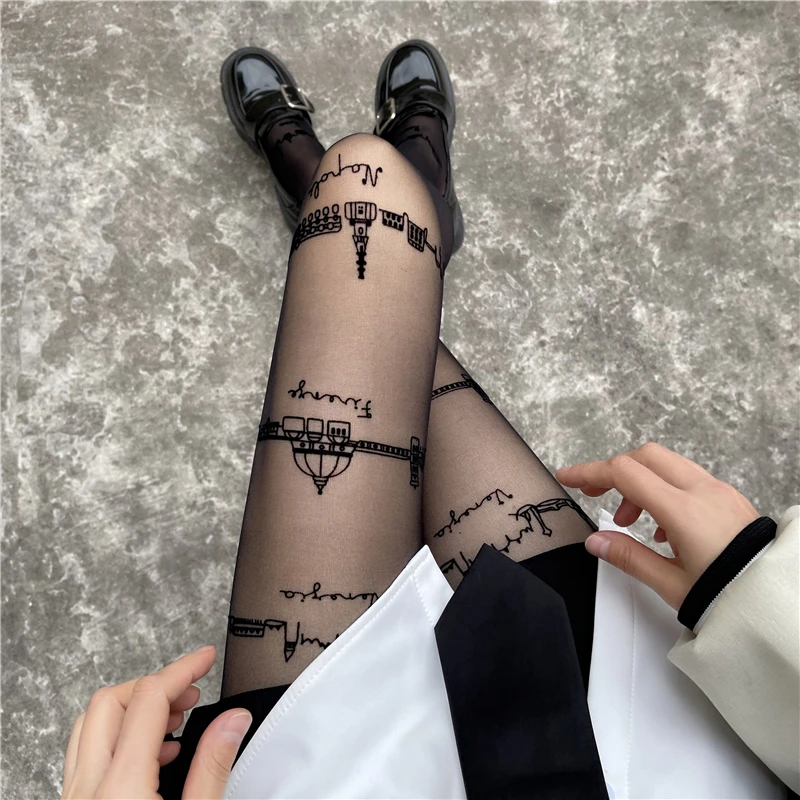 

2022 Sexy Women Tights Classic Print Silk Stockings Thin Vintage Faux Tattoo Thigh Sheer Pantyhose Female Elastic Hosiery SPRING